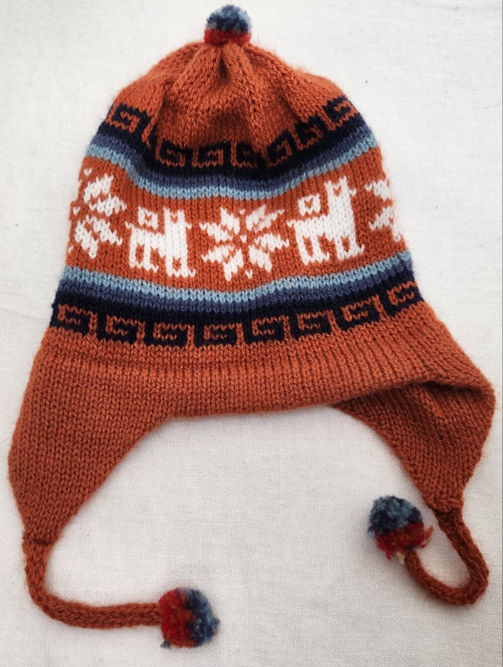 Baby OS Alpaca Llama Orange Peruvian Knit Geometric Earflap Beanie Hat